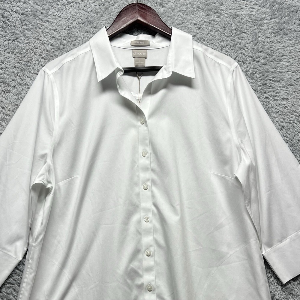 Chicos Top Womens 3 US XL White No Iron Crisp Button Up 3/4 Sleeve Tailored - Picture 2 of 13